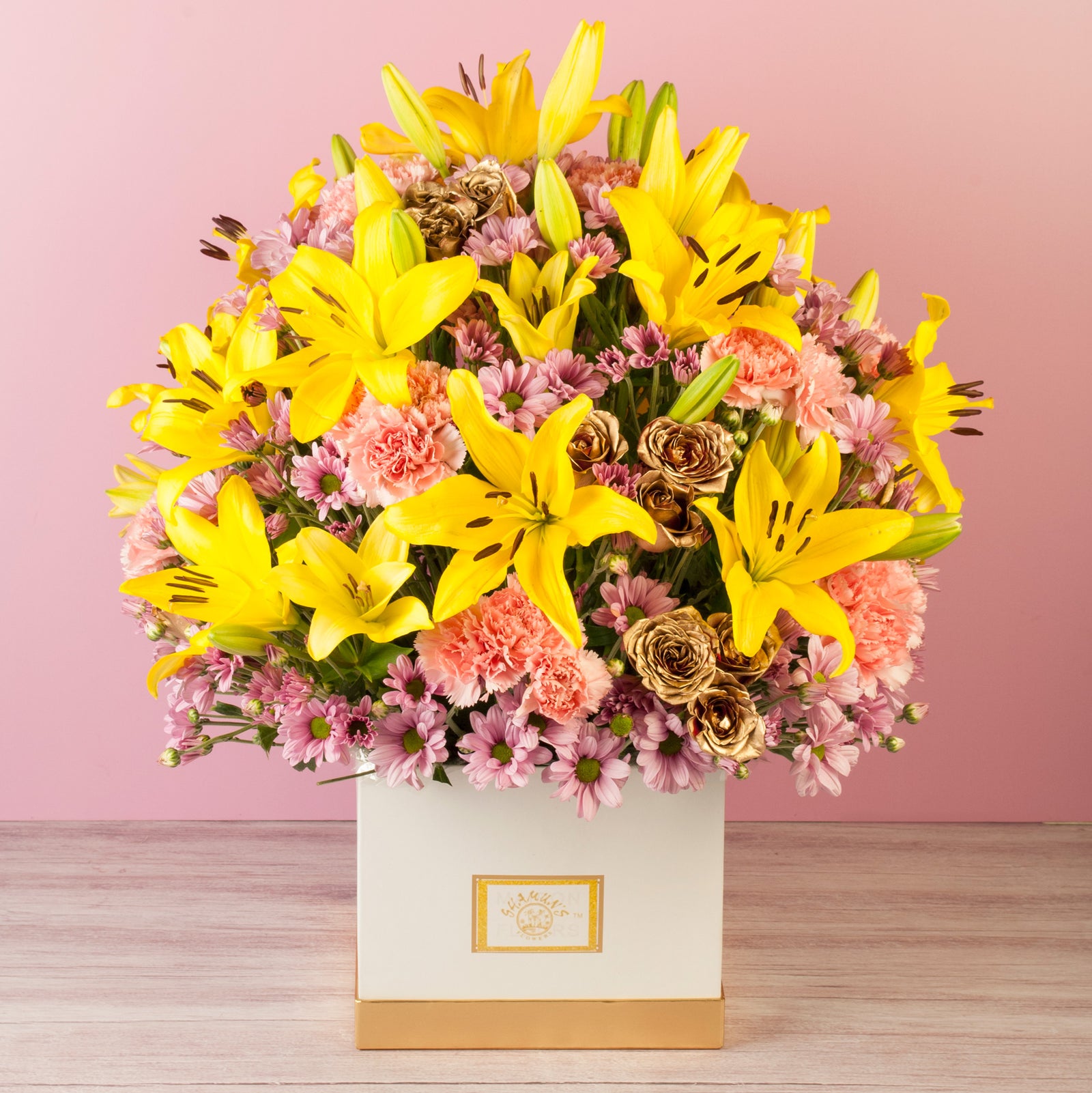 Lilies Carnations & Chrysanthemums with Gold Roses in Hat Box