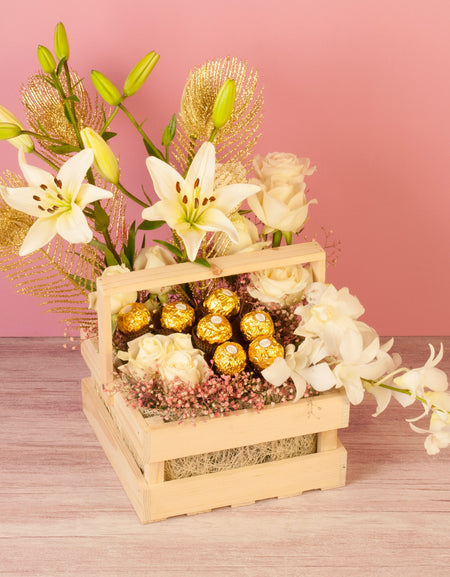 Pine Wood Basket with Chocolates and Flowers