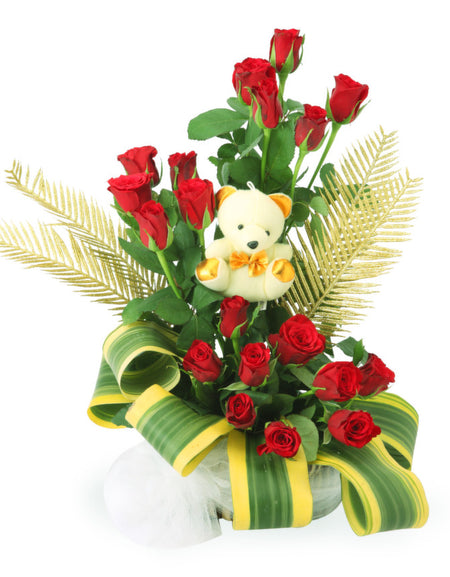 20 Red Roses In Basket With Teddy Bear