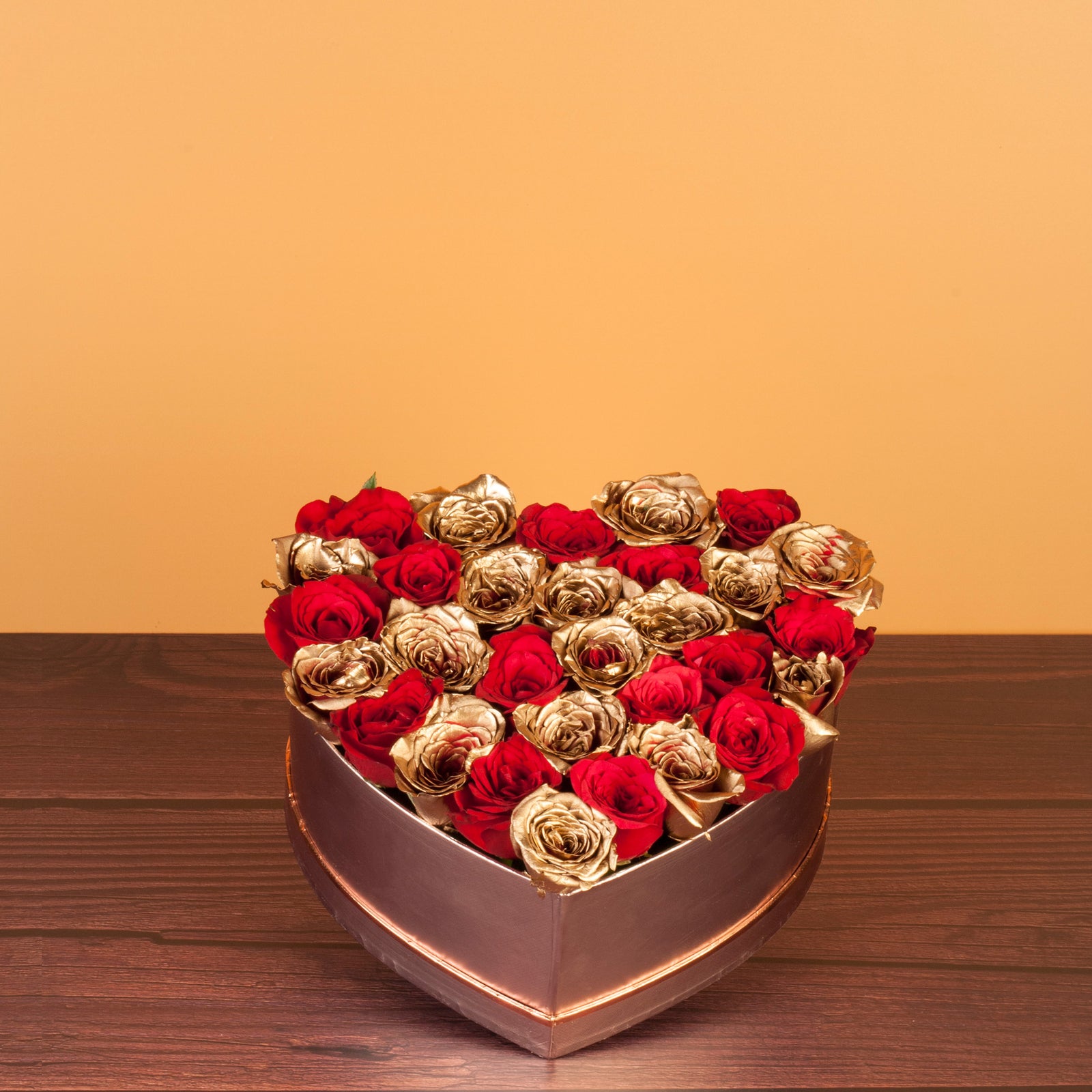 Red & Gold Roses in a Heart Box