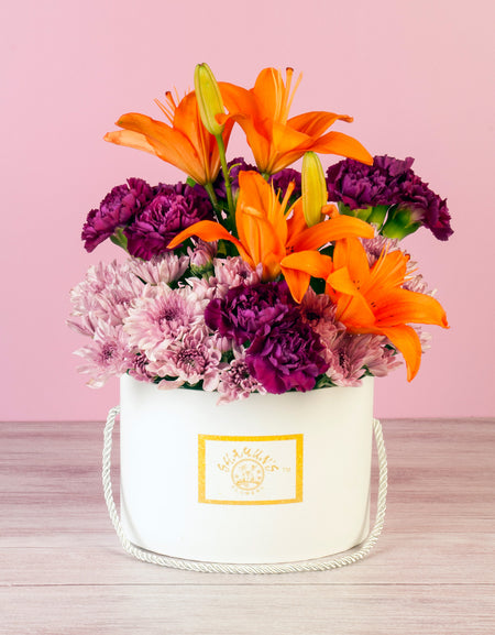 Lilies & Carnation Flowers Delivered In A Hat Box