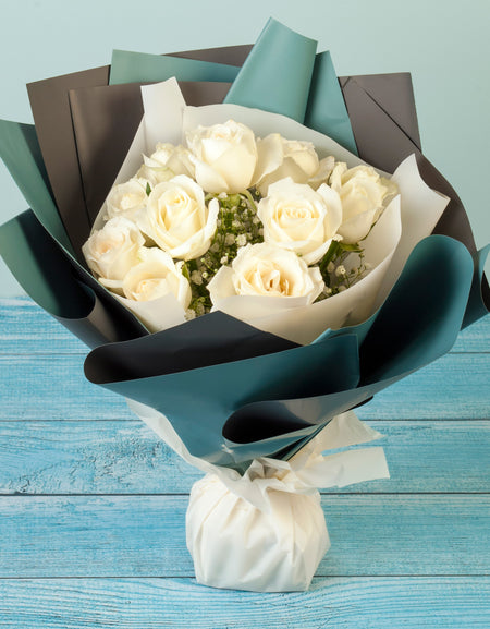 Hand Wrapped Bouquet Of 12 White Roses