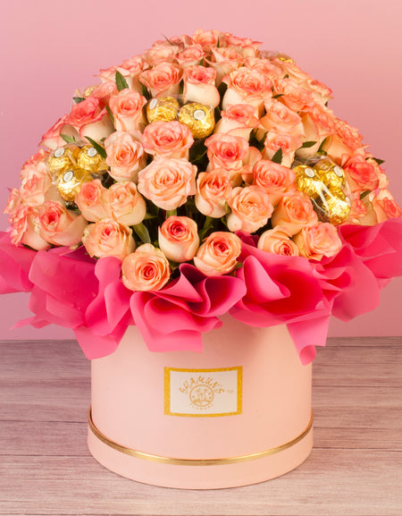 Pink Roses with Chocolates In Flower Hat Box