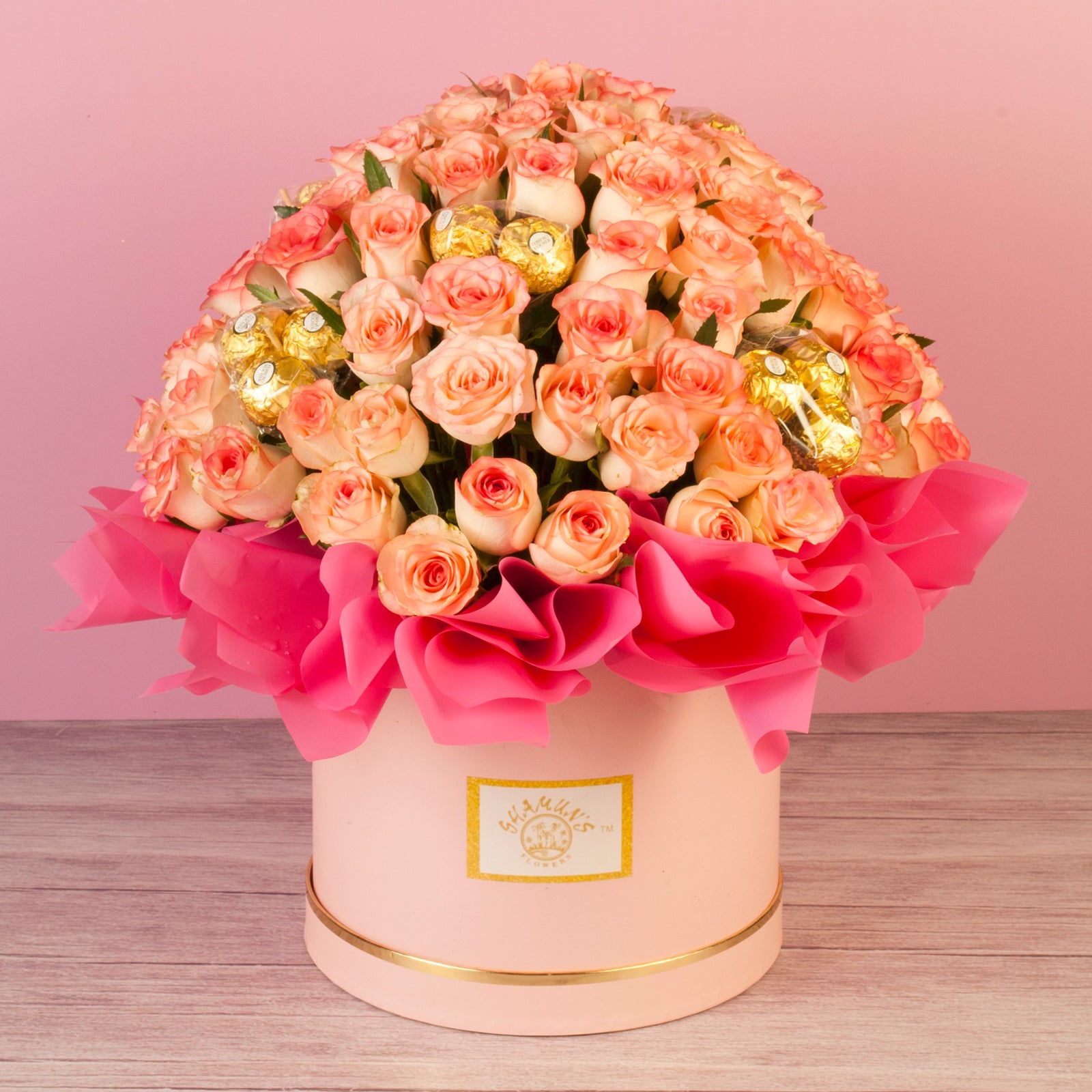 Pink Roses with Chocolates In Flower Hat Box
