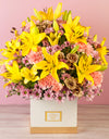 Lilies Carnations & Chrysanthemums with Gold Roses in Hat Box