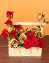 flower bouquet online - gold and red roses in a wooden basket
