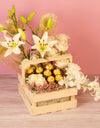 Pine Wood Basket with Chocolates and Flowers