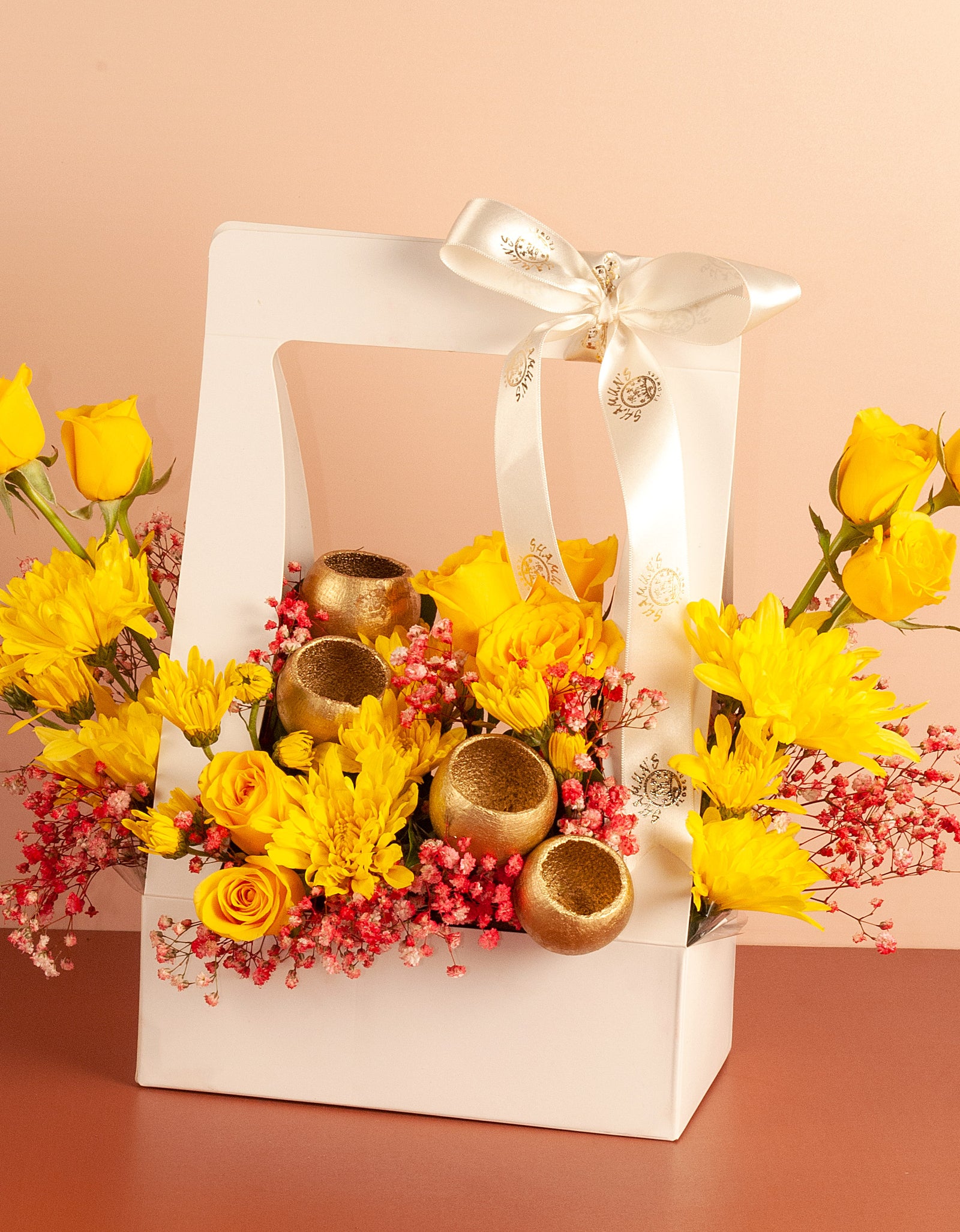 flower delivery pune - Yellow Roses and Chrysanthemums with props in paper basket