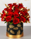 bouquet delivery online - red roses and gold leaves arrange in Box