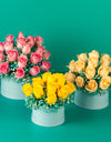 flower delivery in pune - big box of pink roses, medium box of light yellow roses and small box of yellow roses.