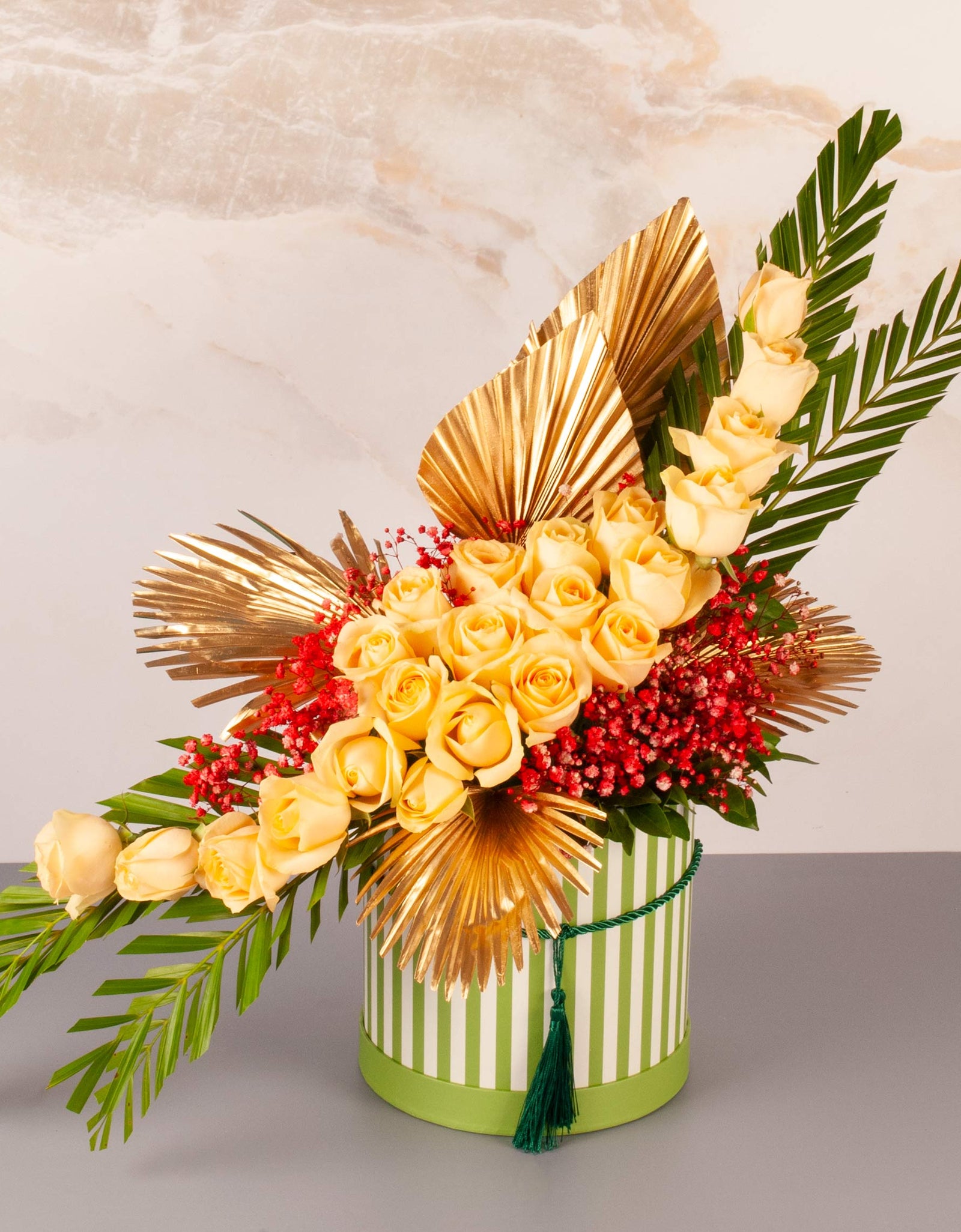 flower bouquet near me - luxury bouquet of yellow roses and red Gypsophilia