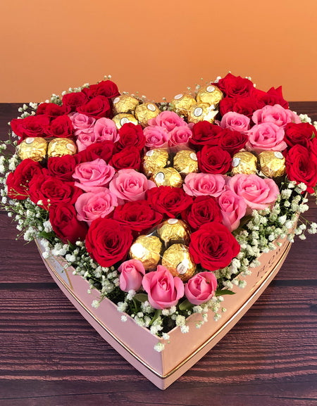 Roses and chocolate delivery in Heart shaped box