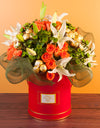 Peach Roses Lilies & Chocolate Delivery In A Hat Box