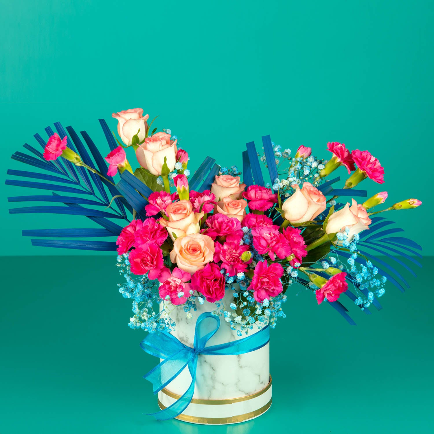 online delivery for flowers - pink flowers and blue fillers 