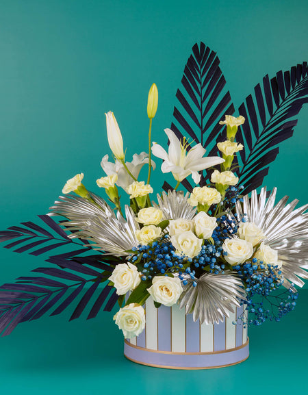 flower delivery pune - blue and silver theme box bouquet