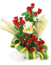 20 Red Roses In Basket With Teddy Bear