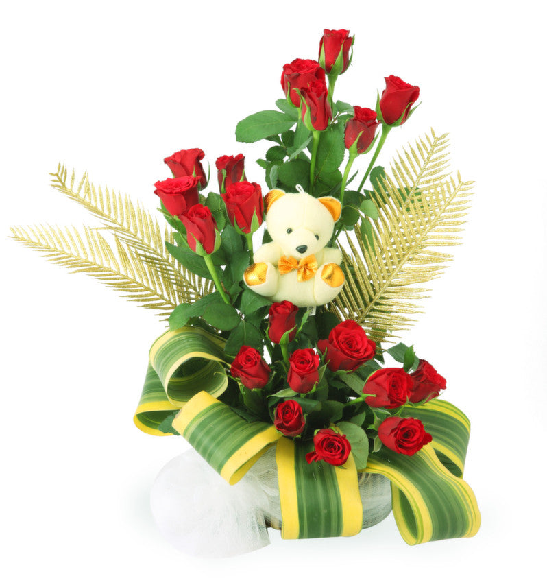 20 Red Roses In Basket With Teddy Bear